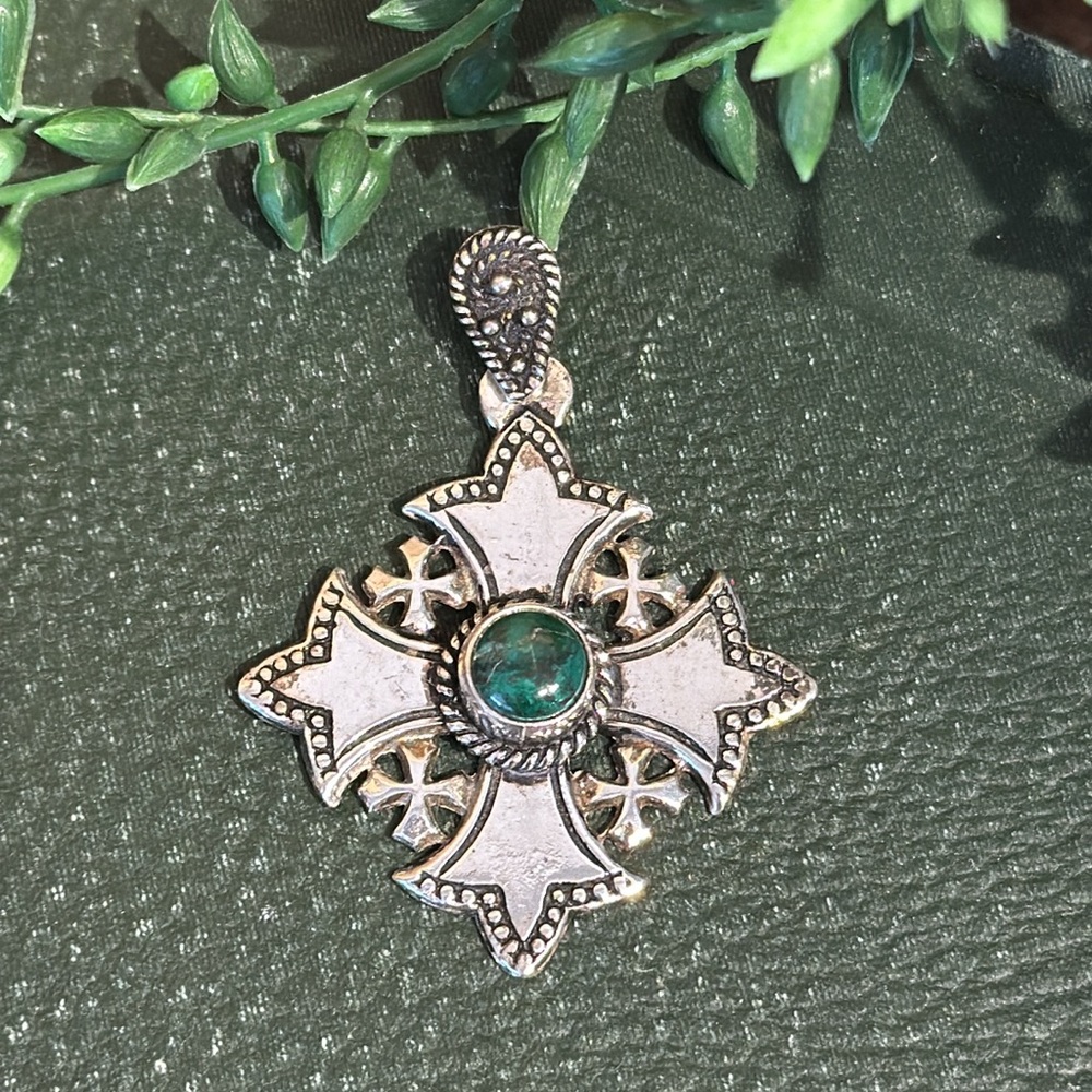 Jerusalem Cross Pendant with Green Stone